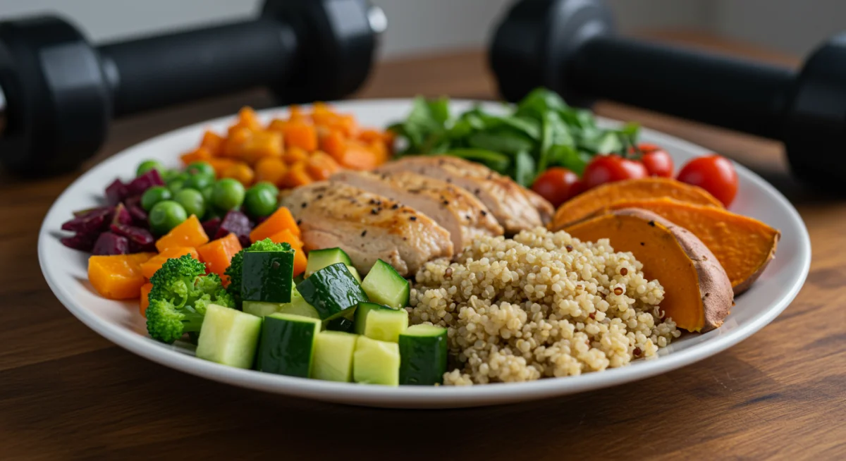 Prato saudável com proteínas, carboidratos e vegetais para recuperação muscular.