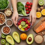 Mesa farta com alimentos saudáveis como frutas, vegetais, nozes e grãos, simbolizando uma dieta equilibrada para melhorar o humor e a saúde mental.