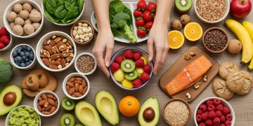 Mesa farta com alimentos saudáveis como frutas, vegetais, nozes e grãos, simbolizando uma dieta equilibrada para melhorar o humor e a saúde mental.