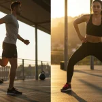 Alongamento Dinâmico vs. Estático: Guia Completo 2025 Pessoa realizando alongamento dinâmico e outra alongamento estático em um ambiente de treino moderno.