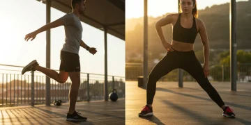 Pessoa realizando alongamento dinâmico e outra alongamento estático em um ambiente de treino moderno.