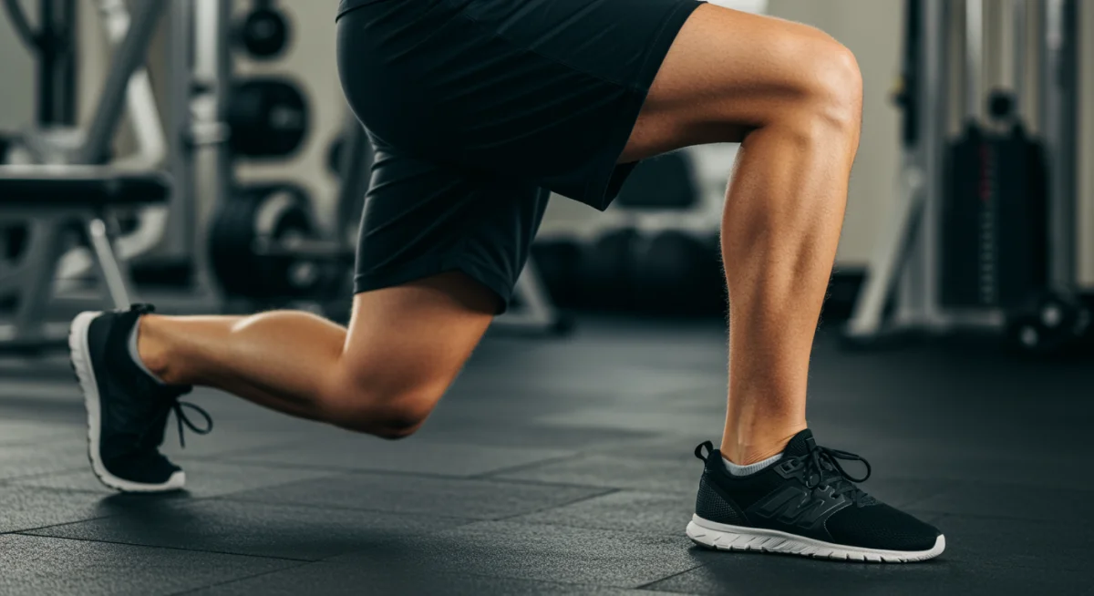 Atleta executando um alongamento dinâmico de perna, mostrando movimento controlado.
