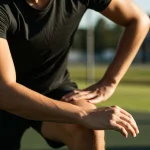 Aquecimento: 10 Minutos Previnem 30% Lesões Musculares Pessoa realizando alongamento dinâmico antes do exercício, focada na prevenção de lesões musculares.