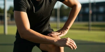 Pessoa realizando alongamento dinâmico antes do exercício, focada na prevenção de lesões musculares.