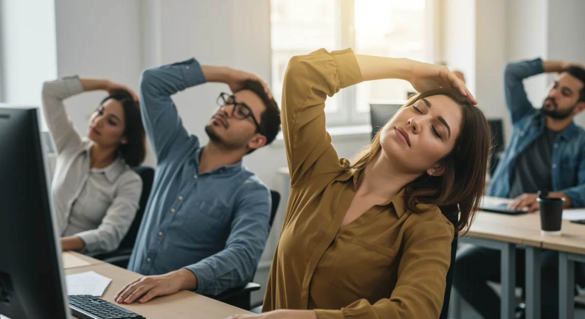 Colaboradores realizando alongamentos de pescoço e ombros em suas mesas de trabalho, promovendo alívio de tensões e foco.