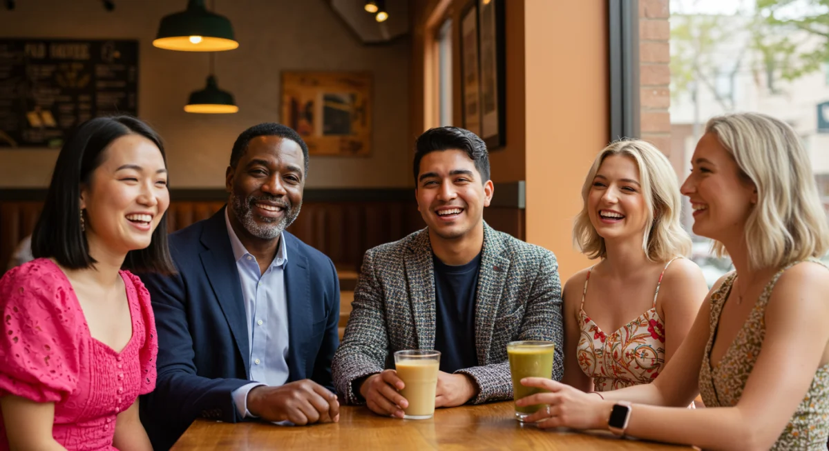 Grupo diverso de amigos sorrindo e rindo juntos em um café, desfrutando de uma conversa animada.