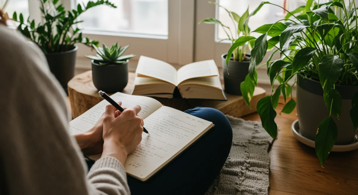 Pessoa escrevendo em diário ou lendo livro, ilustrando atividades offline durante desintoxicação digital.