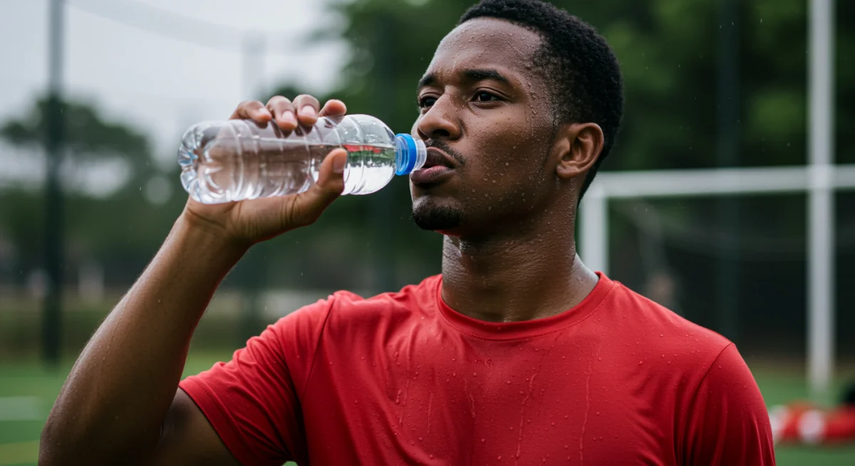 Atleta repondo líquidos durante treino intenso para otimizar desempenho