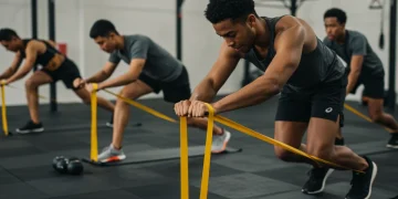 Atletas realizando exercícios de prevenção de lesões com foco e dedicação em um ambiente de treino moderno.