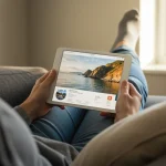 Pessoa relaxando no sofá com tablet, simbolizando o uso consciente da tecnologia para bem-estar digital.