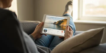 Pessoa relaxando no sofá com tablet, simbolizando o uso consciente da tecnologia para bem-estar digital.