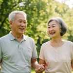 Casal idoso sorrindo e de mãos dadas caminhando em um parque, rodeado por árvores verdes exuberantes e luz solar.