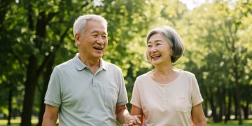 Casal idoso sorrindo e de mãos dadas caminhando em um parque, rodeado por árvores verdes exuberantes e luz solar.