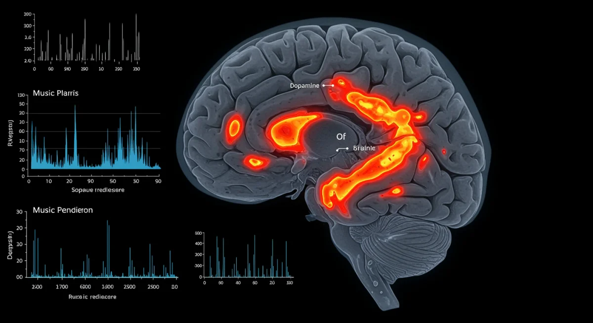 Cérebro com áreas ativadas pela música, exibindo redução de estresse e prazer.