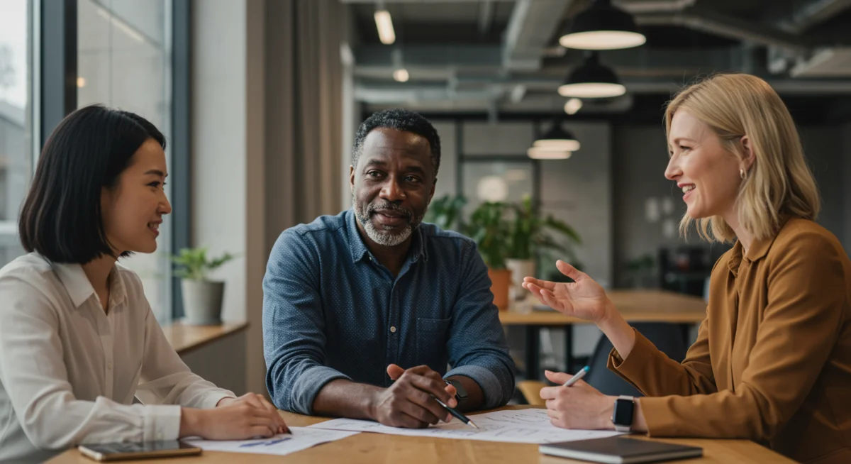 Grupo de pessoas colaborando com empatia e comunicação eficaz em um ambiente de trabalho moderno.