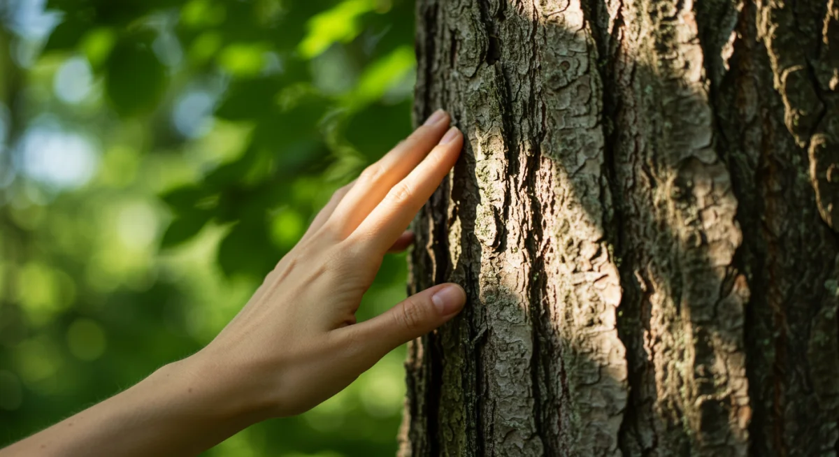 Mão tocando o tronco de uma árvore, representando a conexão física e sensorial com a natureza e seus benefícios terapêuticos.