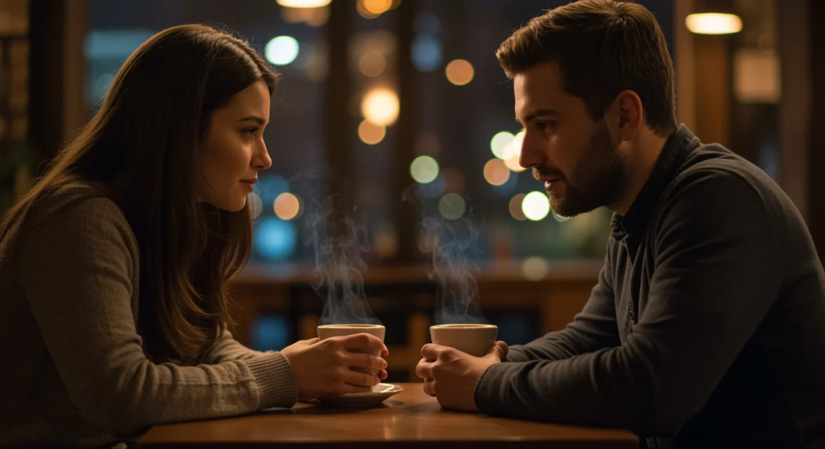 Duas pessoas conversando e rindo em uma cafeteria, mostrando a importância da comunicação e do suporte social.