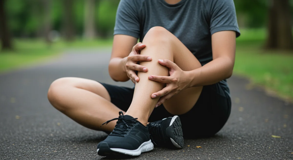 Corredor amador sentado no chão, segurando o joelho com expressão de dor, representando uma lesão comum.