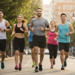 Corrida de Rua 2025: Evite Estes 6 Erros Comuns Corredores amadores sorrindo e correndo em uma rua ensolarada, simbolizando o prazer da corrida de rua.