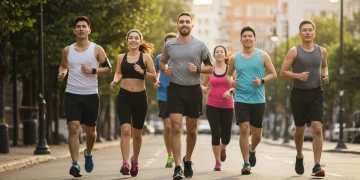 Corredores amadores sorrindo e correndo em uma rua ensolarada, simbolizando o prazer da corrida de rua.