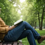 Pessoa desfrutando de um momento de paz no parque, com o celular virado para baixo, simbolizando a desconexão digital e o bem-estar.