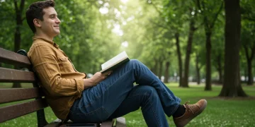 Pessoa desfrutando de um momento de paz no parque, com o celular virado para baixo, simbolizando a desconexão digital e o bem-estar.