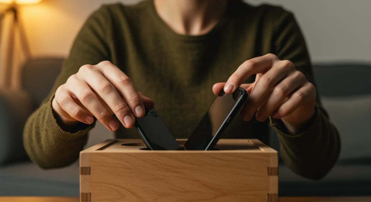 Mãos colocando um smartphone em uma caixa, simbolizando o início de um detox digital voluntário.