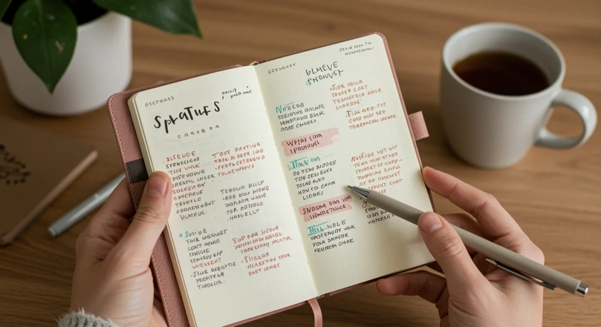 Mãos segurando um diário com afirmações positivas escritas, simbolizando a prática diária e a consistência.