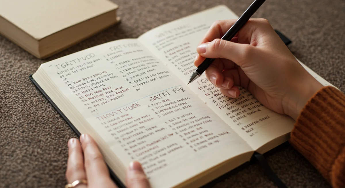 Pessoa escrevendo em um diário de gratidão, com anotações e reflexões positivas, promovendo o autocuidado e o bem-estar.