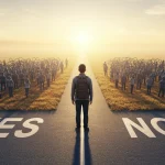 Pessoa em uma encruzilhada, escolhendo o caminho 'NÃO' para proteger a energia mental e o bem-estar.