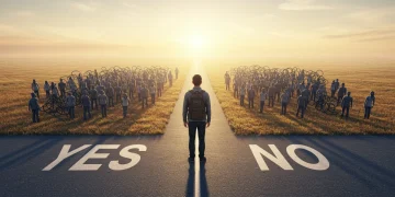 Pessoa em uma encruzilhada, escolhendo o caminho 'NÃO' para proteger a energia mental e o bem-estar.