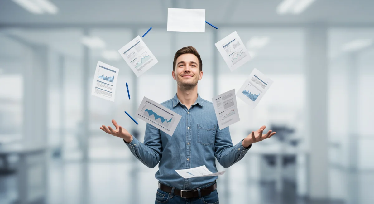 Pessoa equilibrando tarefas com serenidade, representando a gestão de expectativas e a redução da autocrítica.