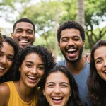 Pessoas sorrindo e celebrando a vida ao ar livre, simbolizando a busca pela felicidade e bem-estar duradouro no Brasil.