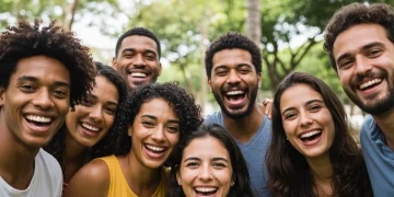 Pessoas sorrindo e celebrando a vida ao ar livre, simbolizando a busca pela felicidade e bem-estar duradouro no Brasil.