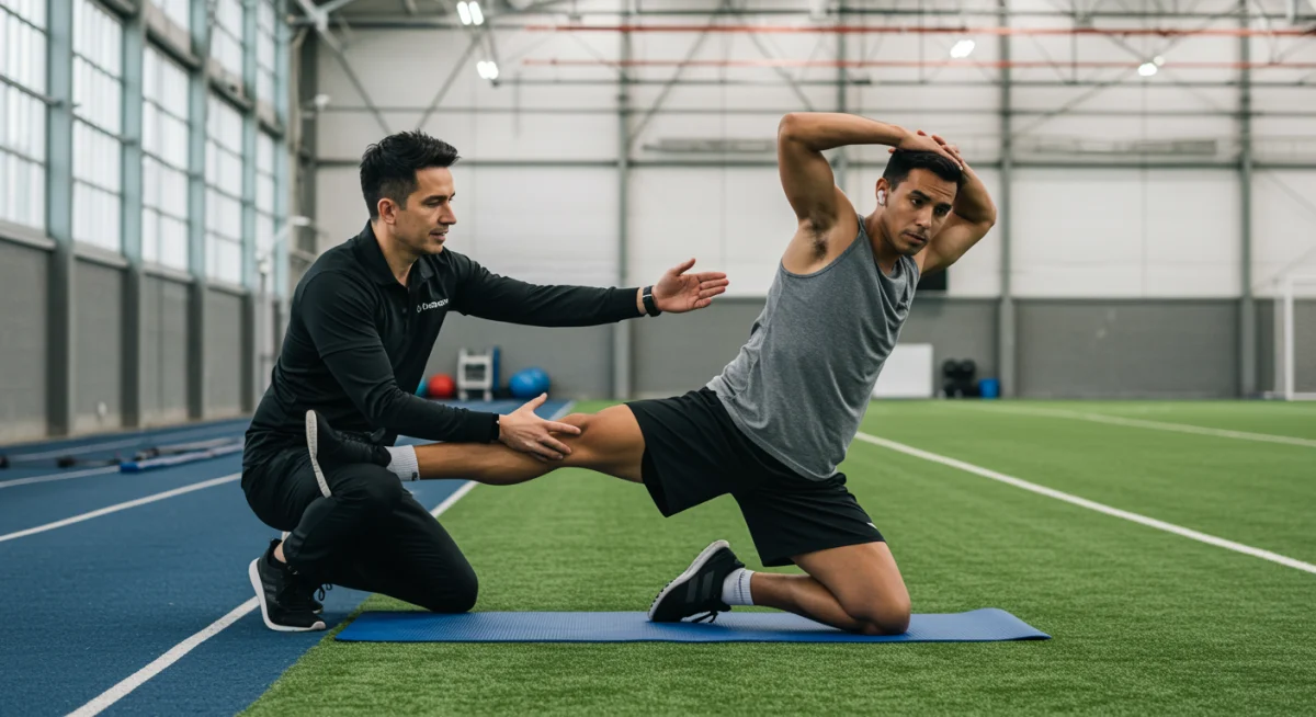 Fisioterapeuta orientando um atleta sobre a técnica correta de alongamento para evitar lesões.