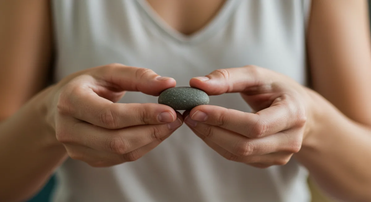 Mãos segurando uma pedra lisa, simbolizando o foco e a concentração na prática da atenção plena.