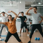 Funcionários em um escritório moderno participando de uma sessão de ginástica laboral, liderados por um instrutor, demonstrando bem-estar e engajamento.