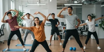 Funcionários em um escritório moderno participando de uma sessão de ginástica laboral, liderados por um instrutor, demonstrando bem-estar e engajamento.