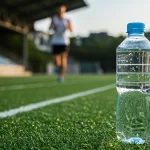 Garrafa de água em pista de atletismo simbolizando a hidratação na performance esportiva