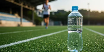 Garrafa de água em pista de atletismo simbolizando a hidratação na performance esportiva