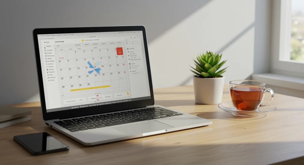 Mesa de escritório organizada com laptop e planta, representando o gerenciamento eficaz do tempo de tela no trabalho.