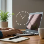 Pessoa gerenciando o tempo com tranquilidade em um ambiente organizado e calmo, simbolizando bem-estar e produtividade.
