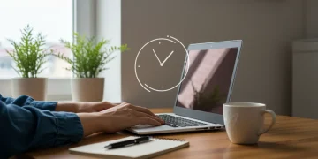 Pessoa gerenciando o tempo com tranquilidade em um ambiente organizado e calmo, simbolizando bem-estar e produtividade.