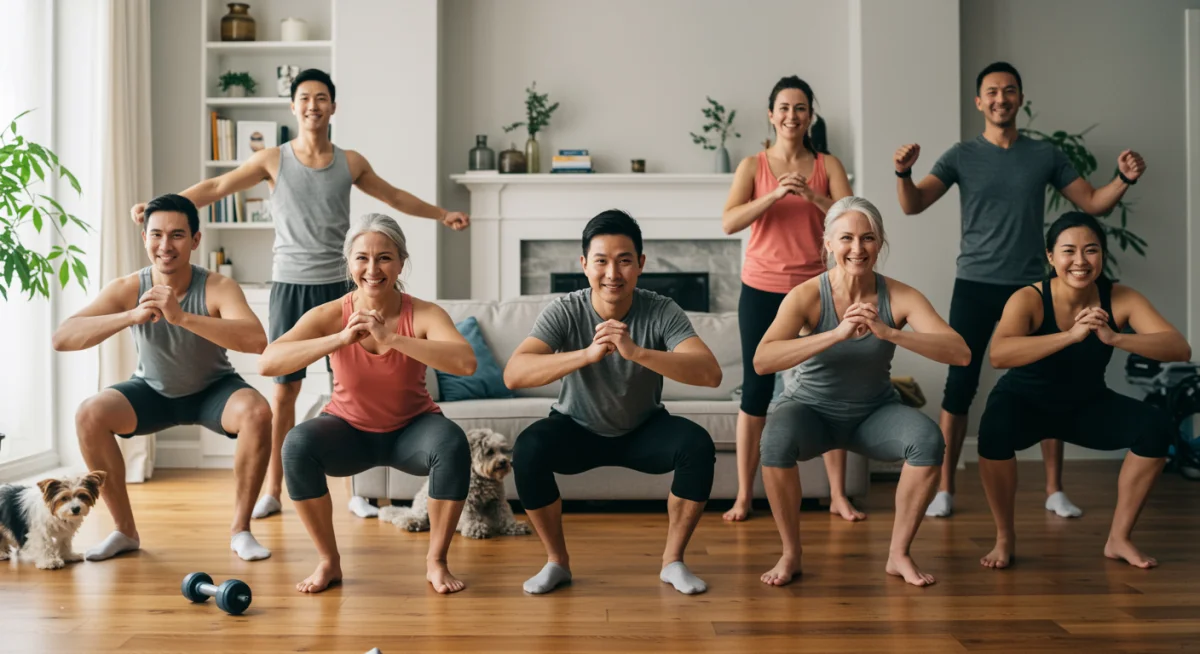 Pessoas de diferentes idades e tipos corporais fazendo agachamentos com peso corporal em casa, sorrindo e se exercitando juntas.