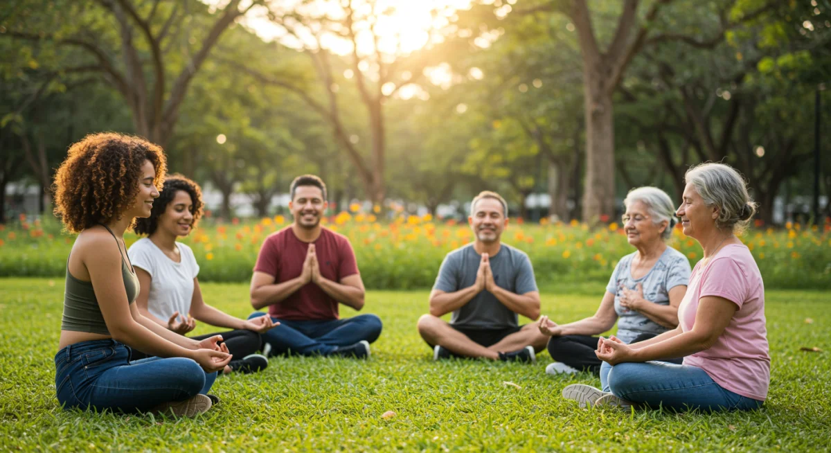 Grupo diverso de brasileiros praticando gratidão em parque com paisagem natural.