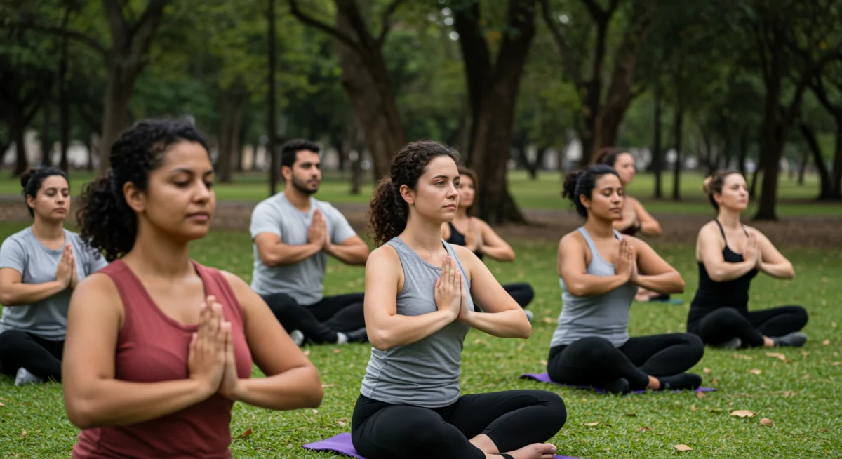 Grupo diverso de brasileiros praticando mindfulness em um parque, demonstrando foco e serenidade.
