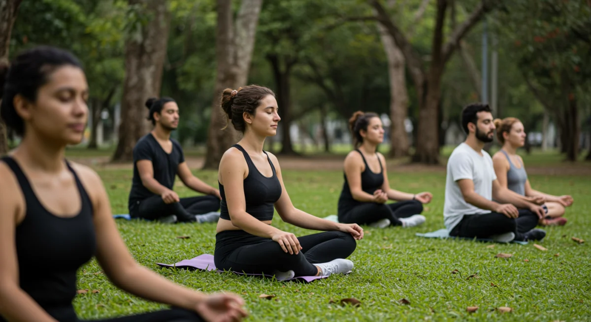 Grupo de pessoas meditando ao ar livre no Brasil, praticando mindfulness para reduzir o estresse.