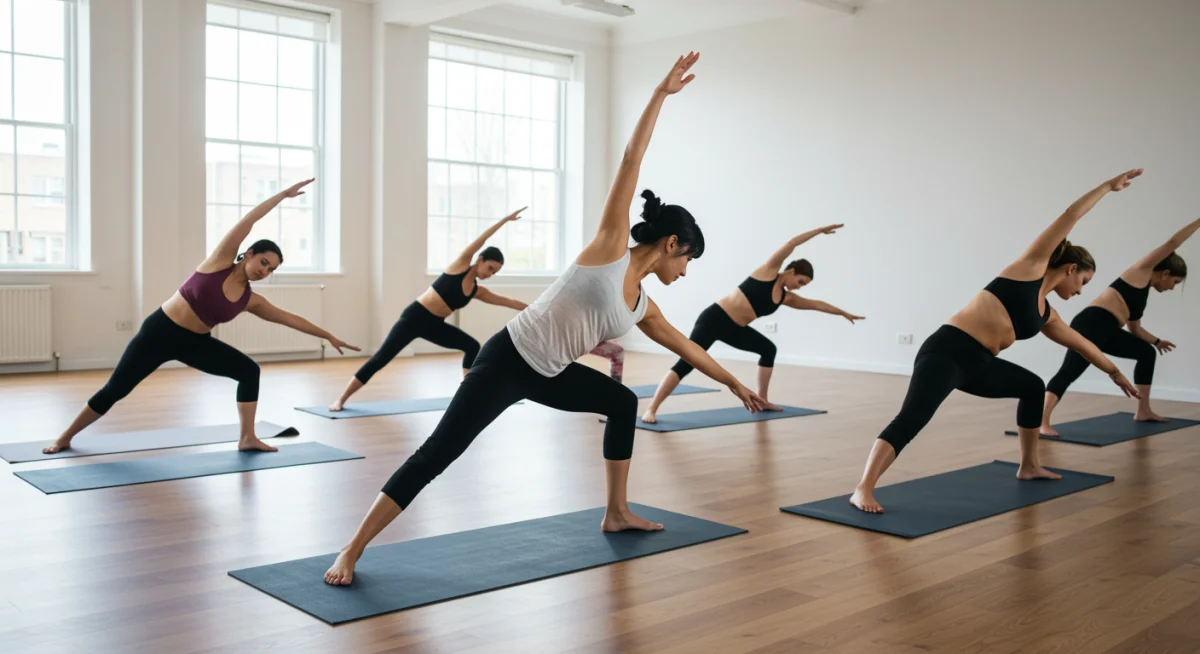 Grupo de pessoas praticando poses básicas de yoga em um estúdio iluminado.