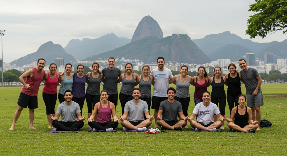 Grupo de brasileiros praticando yoga ao ar livre em um parque no Rio de Janeiro, com o Pão de Açúcar ao fundo, expressando alegria e união.