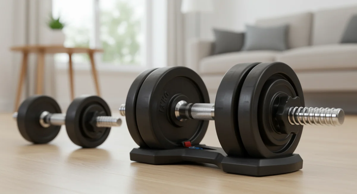 Halteres ajustáveis modernos em um piso de madeira, ideais para treino em casa e economia de espaço.